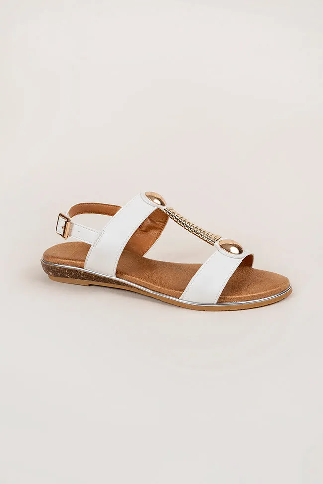 Quinn Gold T Bar Ladies White Sandal