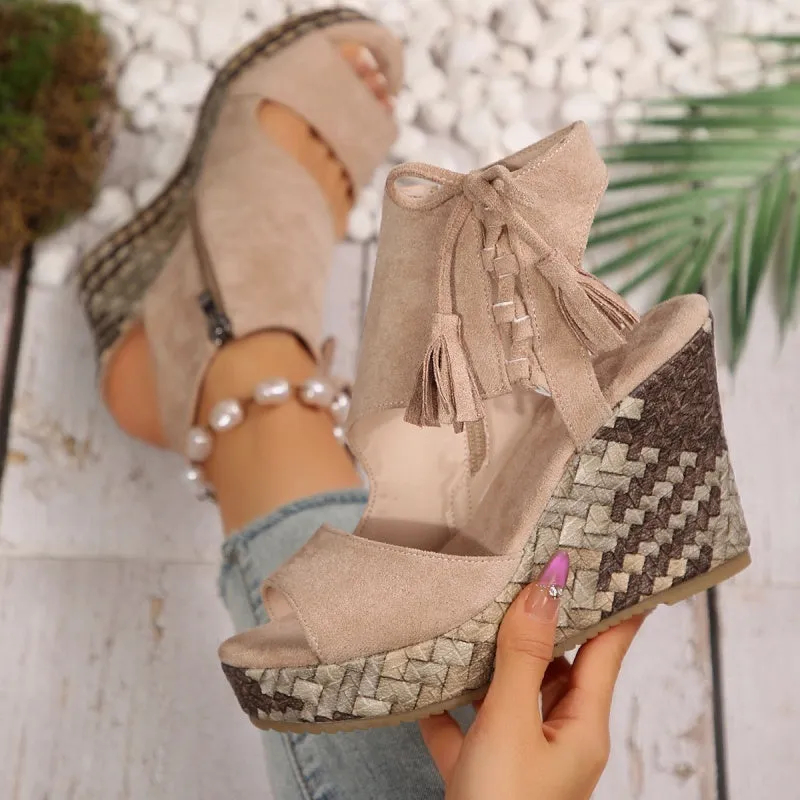 🔥Summer Hot Sale-50% Off🩷Women's Tassel Open Toe Platform Wedge Sandals